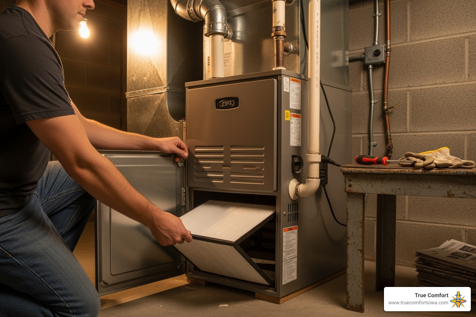 homeowner changing furnace filter - des moines hvac repair