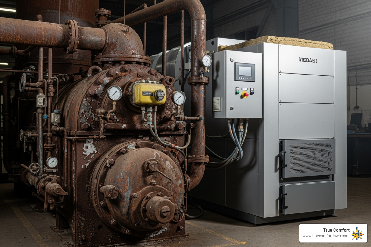 An old, rusty furnace contrasted with a modern, clean unit - furnace replacement near me