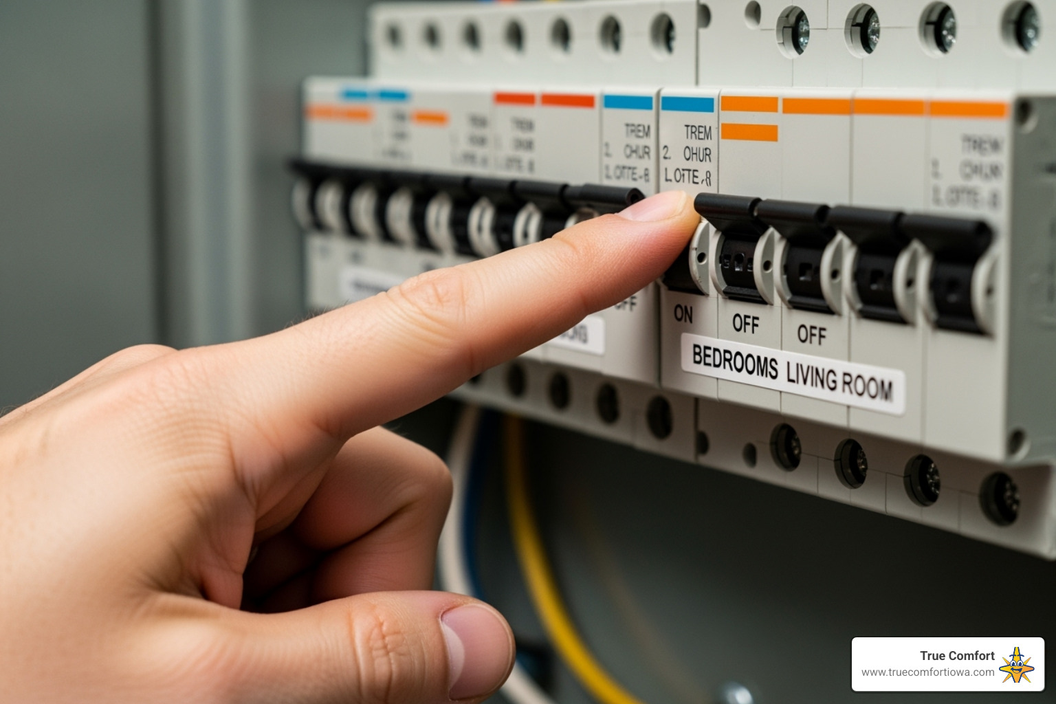 hand pointing to a tripped circuit breaker - Furnace won't turn on