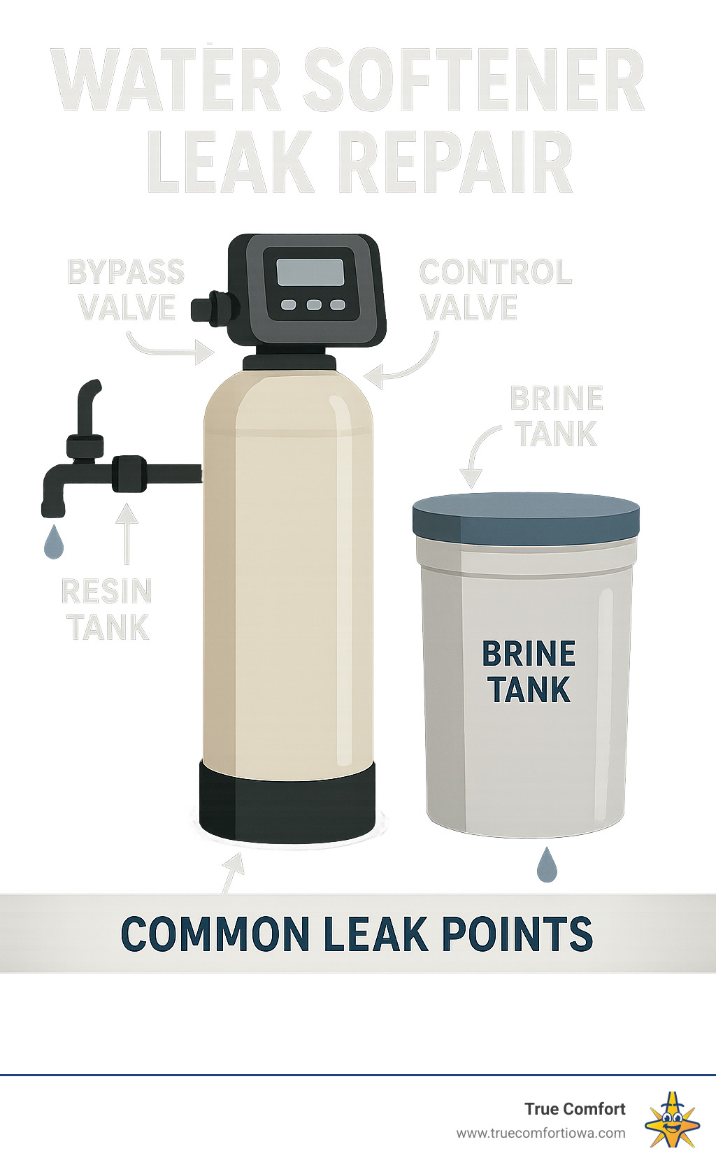 Illustration of a water softener system with leak points marked