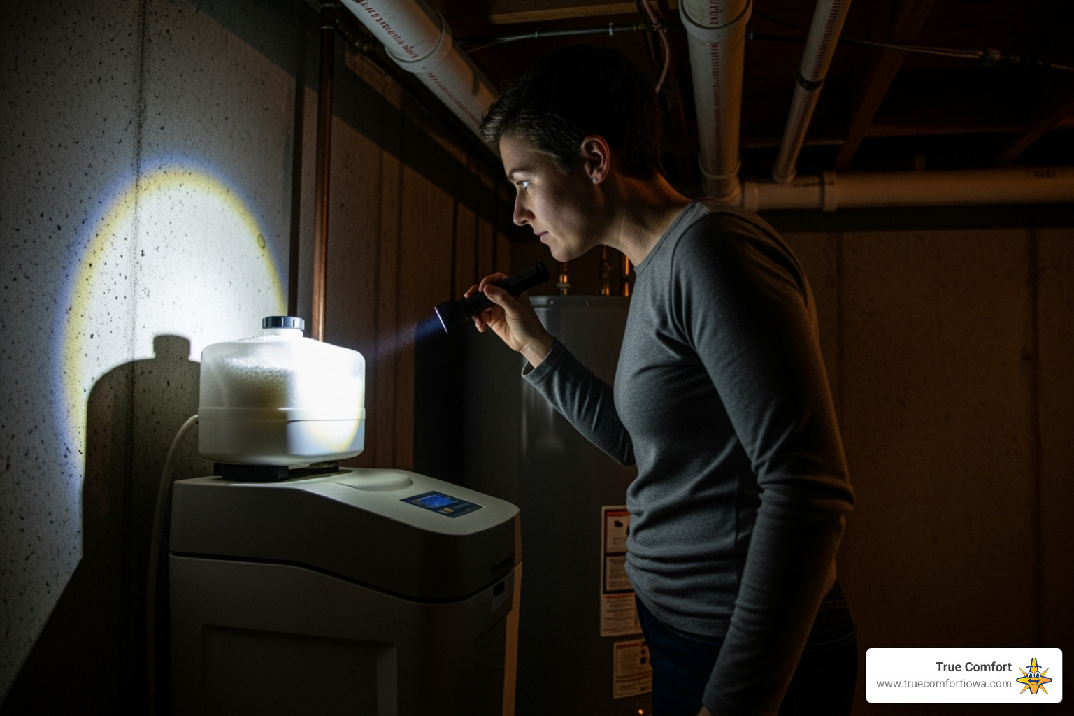 Person inspecting a water softener with a flashlight - water softener leak repair