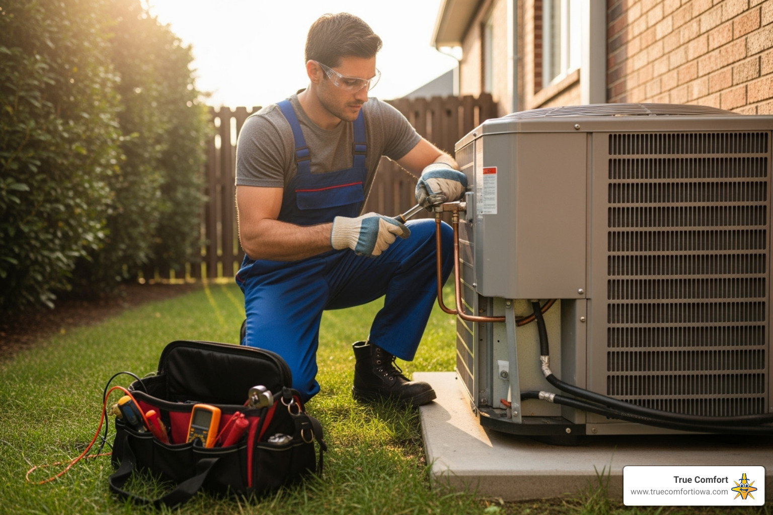 Technician performing a tune-up on an AC unit - ac repair des moines ia