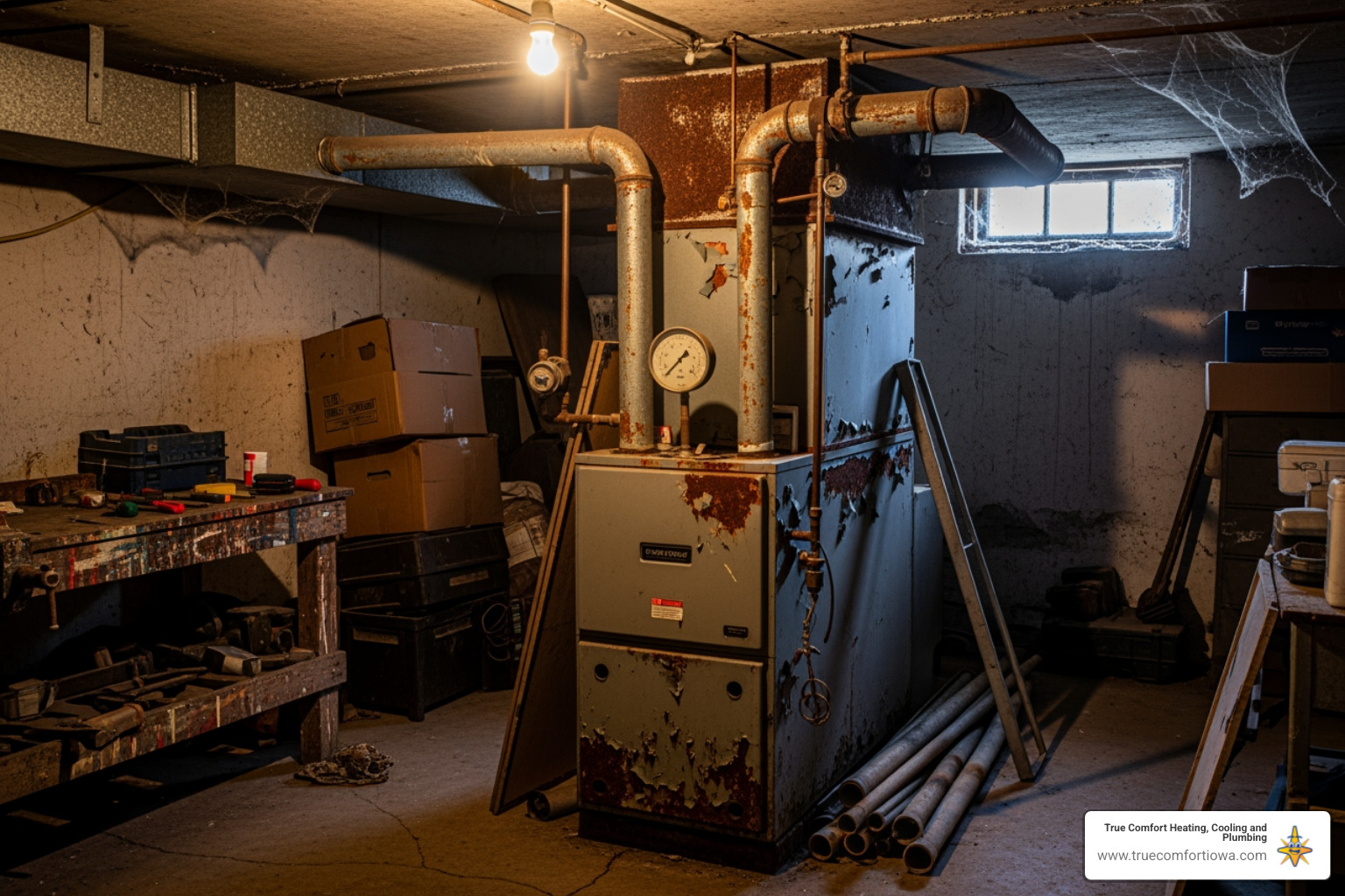 An old, inefficient furnace with visible signs of wear and tear, located in a dimly lit basement - furnace installation in urbandale, ia An old, inefficient furnace with visible signs of wear and tear, located in a dimly lit basement - furnace installation in urbandale, ia