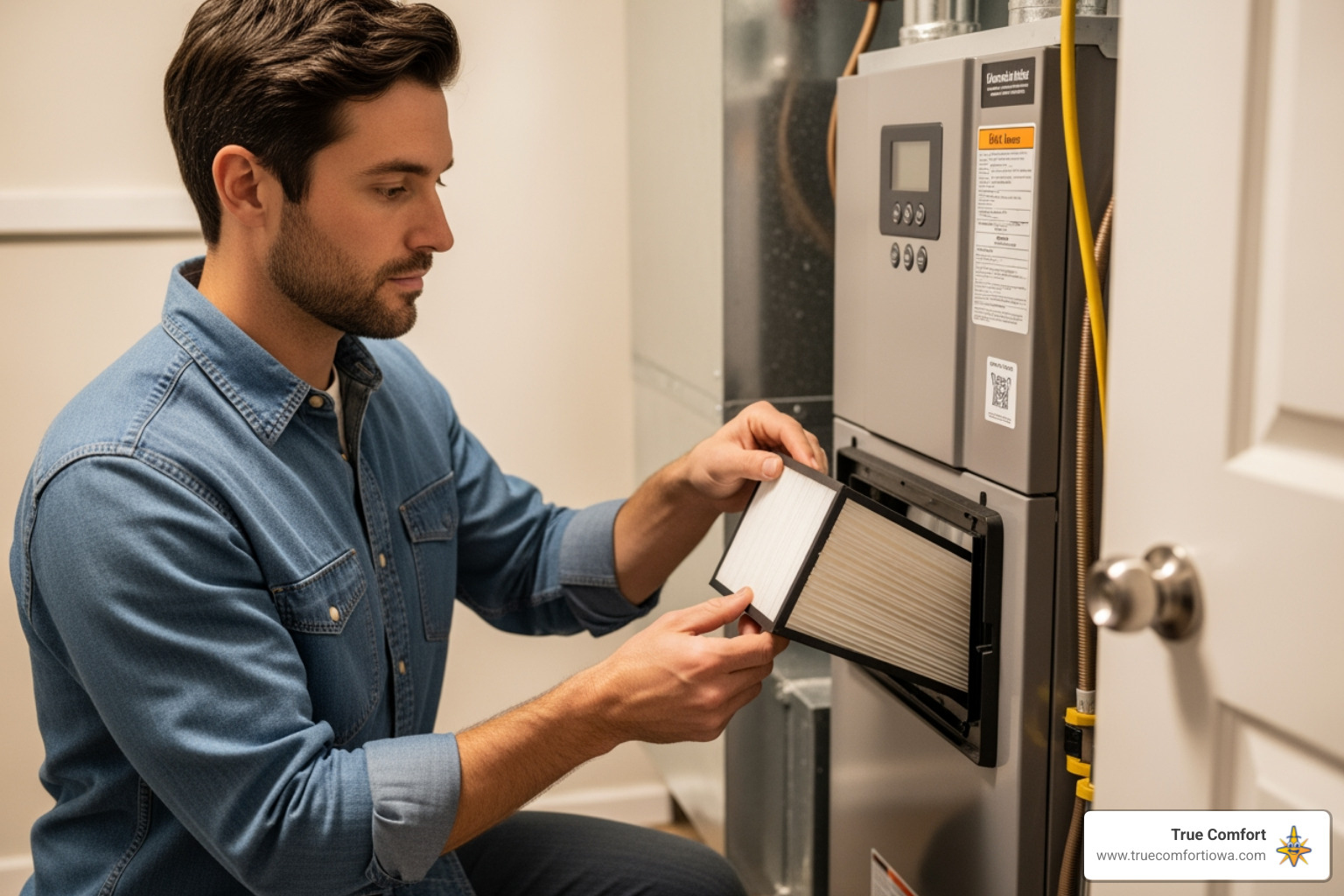 Homeowner changing a furnace filter - furnace installation in cumming, ia Homeowner changing a furnace filter - furnace installation in cumming, ia