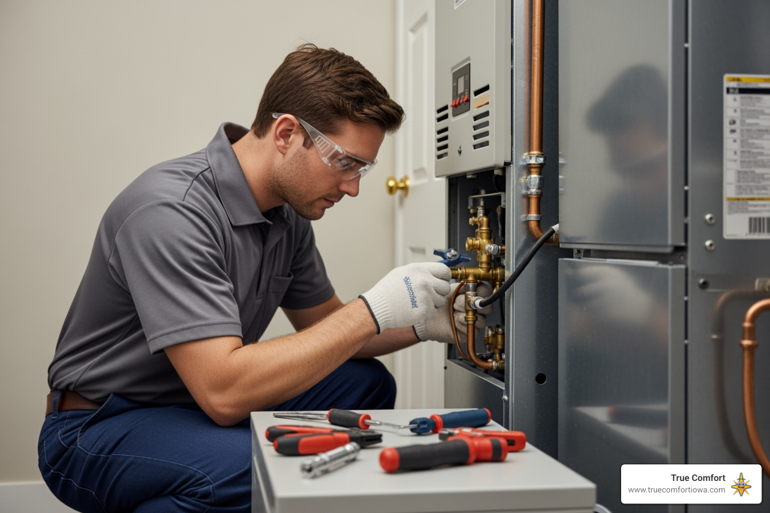 Professional technician installing a new furnace - furnace installation in cumming, ia Professional technician installing a new furnace - furnace installation in cumming, ia
