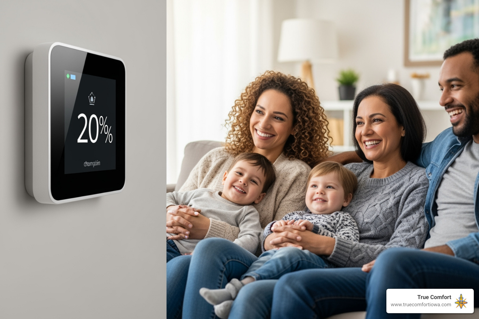 A happy family enjoying their warm home with a new smart thermostat in the foreground - furnace installation in indianola, ia A happy family enjoying their warm home with a new smart thermostat in the foreground - furnace installation in indianola, ia