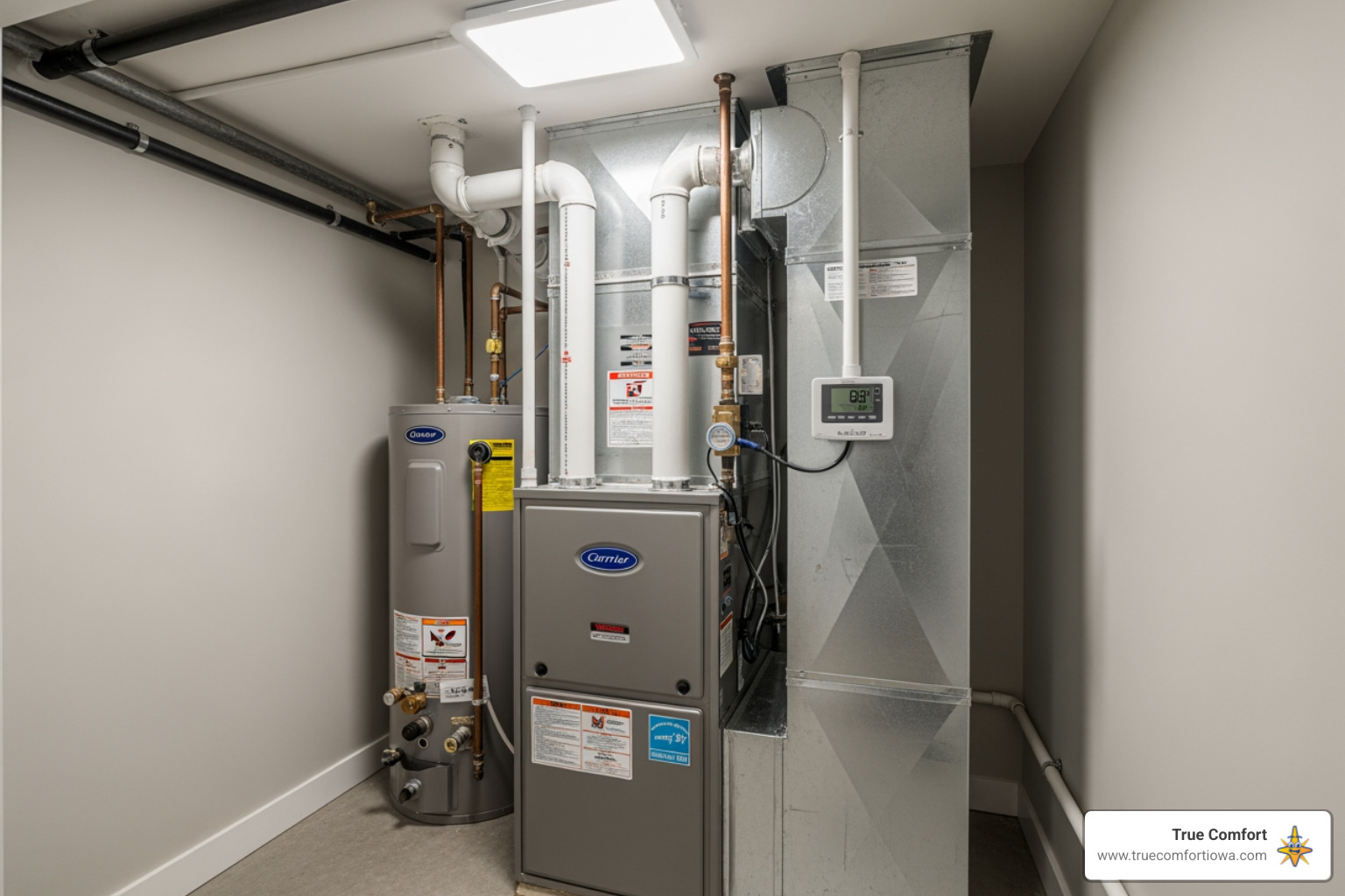 A modern, high-efficiency furnace unit installed in a utility closet - furnace installation in indianola, ia A modern, high-efficiency furnace unit installed in a utility closet - furnace installation in indianola, ia