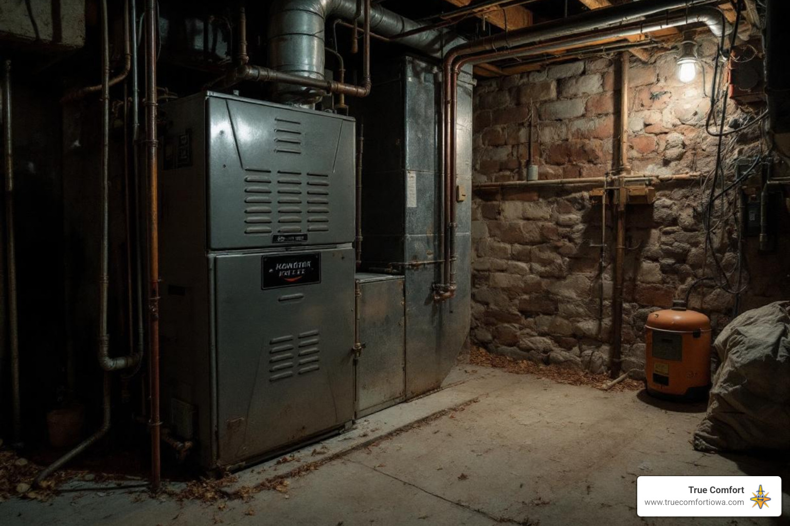 An old, inefficient furnace in a dimly lit basement - furnace installation in indianola, ia An old, inefficient furnace in a dimly lit basement - furnace installation in indianola, ia