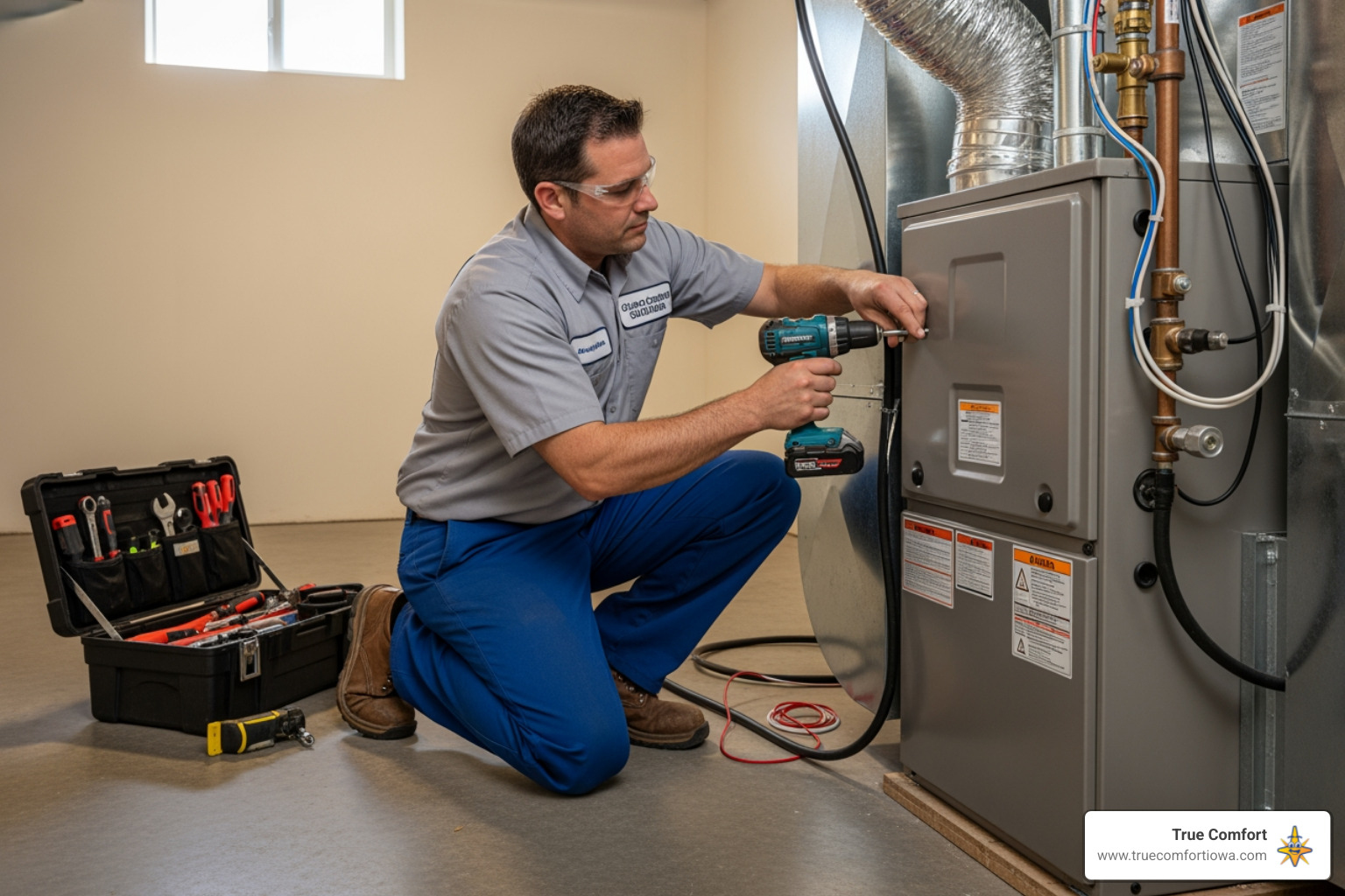 HVAC technician carefully installing a new furnace - furnace installation in grimes, ia