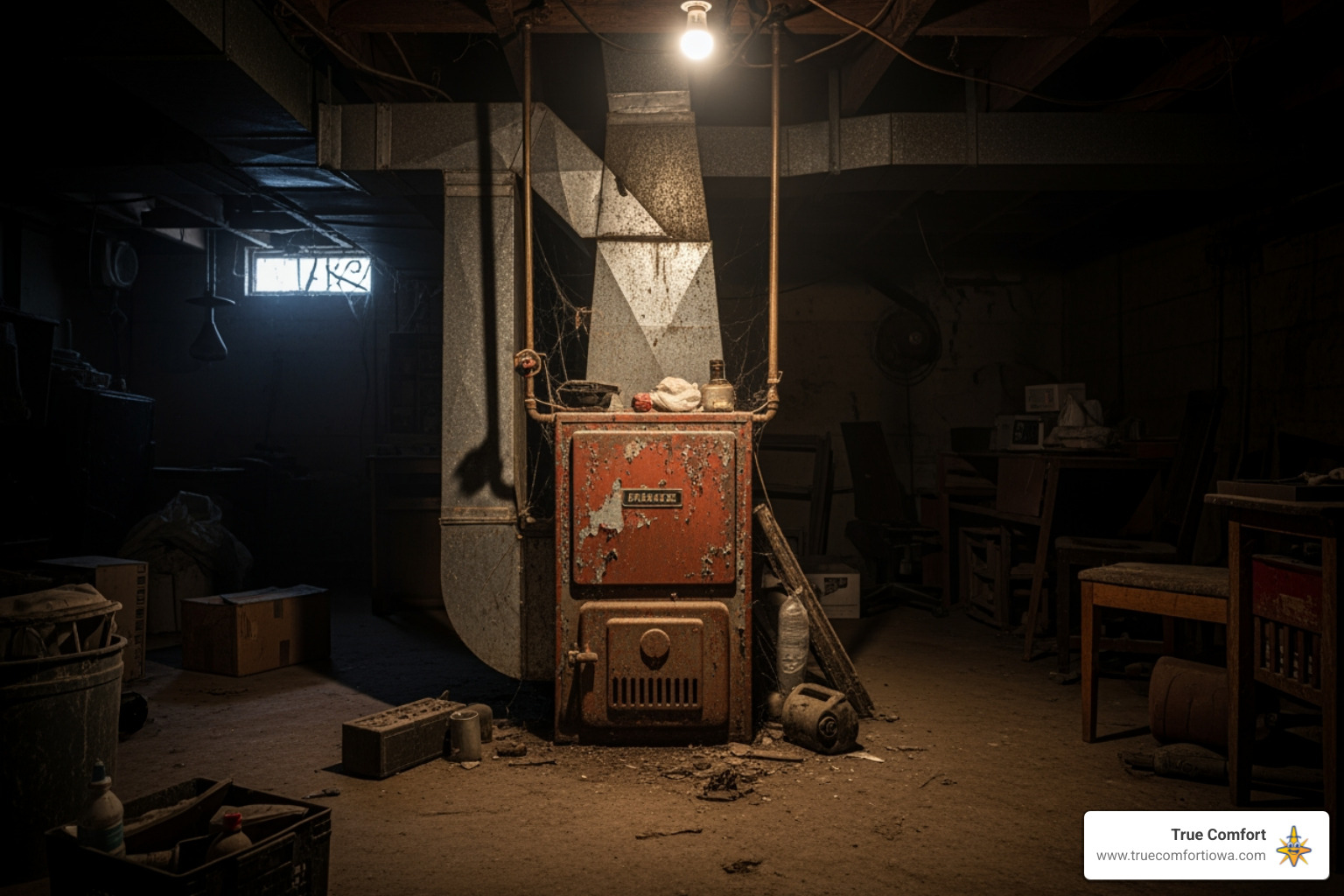 old, dusty furnace in a dimly lit basement - furnace installation in grimes, ia