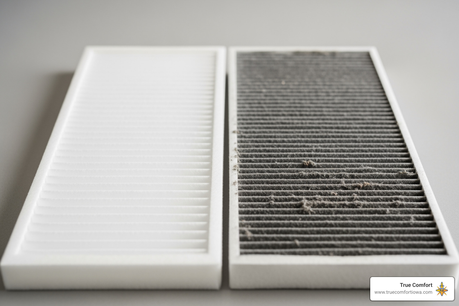 clean and dirty HVAC air filter side by side - furnace installation in grimes, ia