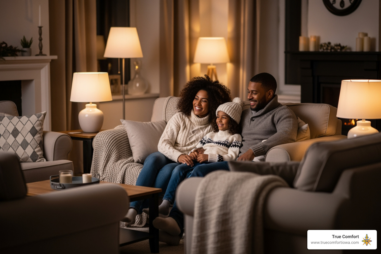 Family enjoying warm living room in winter - furnace installation in norwalk, ia Family enjoying warm living room in winter - furnace installation in norwalk, ia