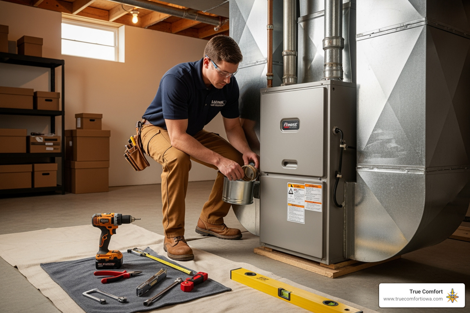 Certified technician carefully installing a new furnace - furnace installation in norwalk, ia Certified technician carefully installing a new furnace - furnace installation in norwalk, ia