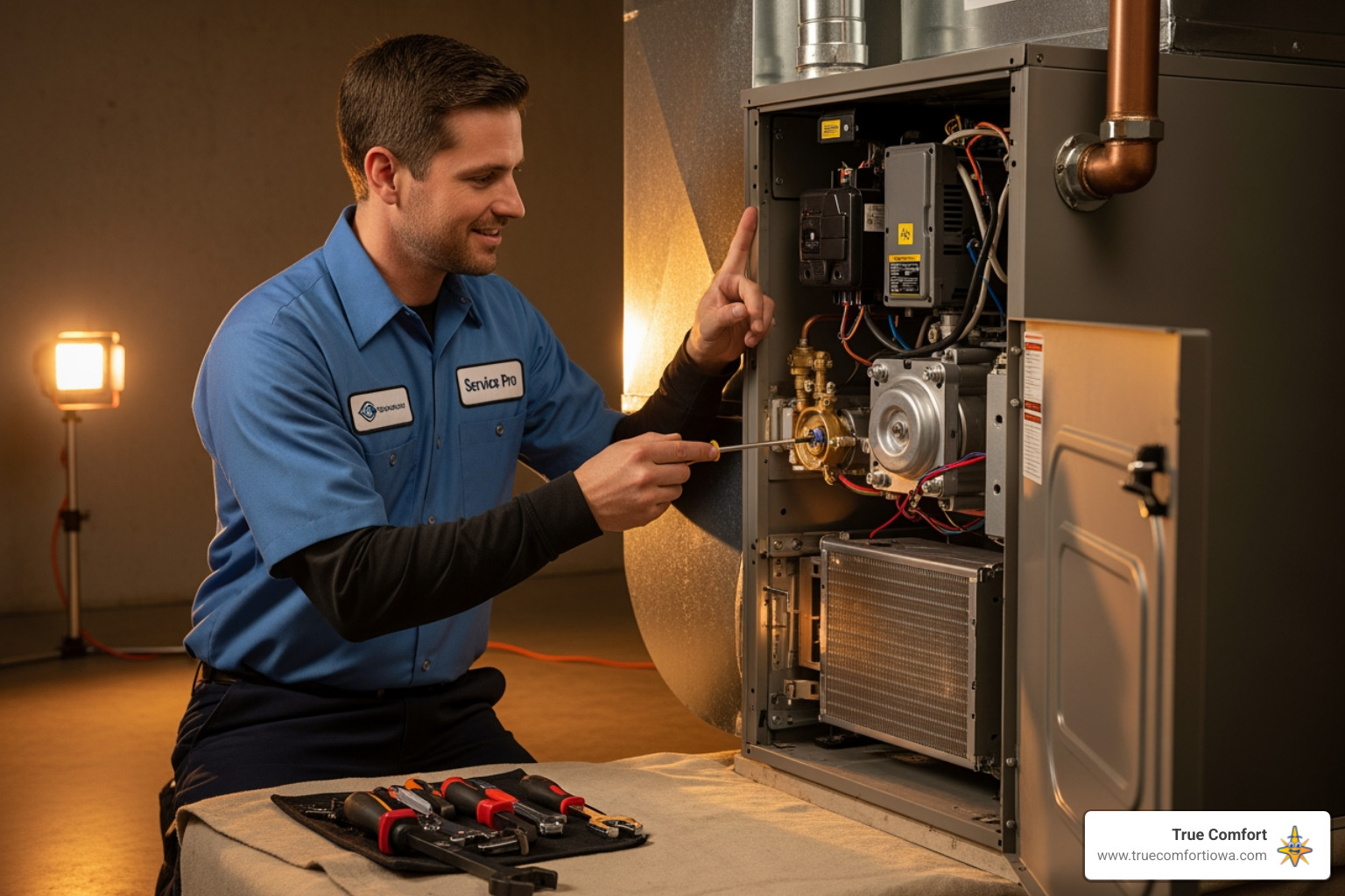Technician performing a furnace tune-up - furnace installation in pleasant hill, ia