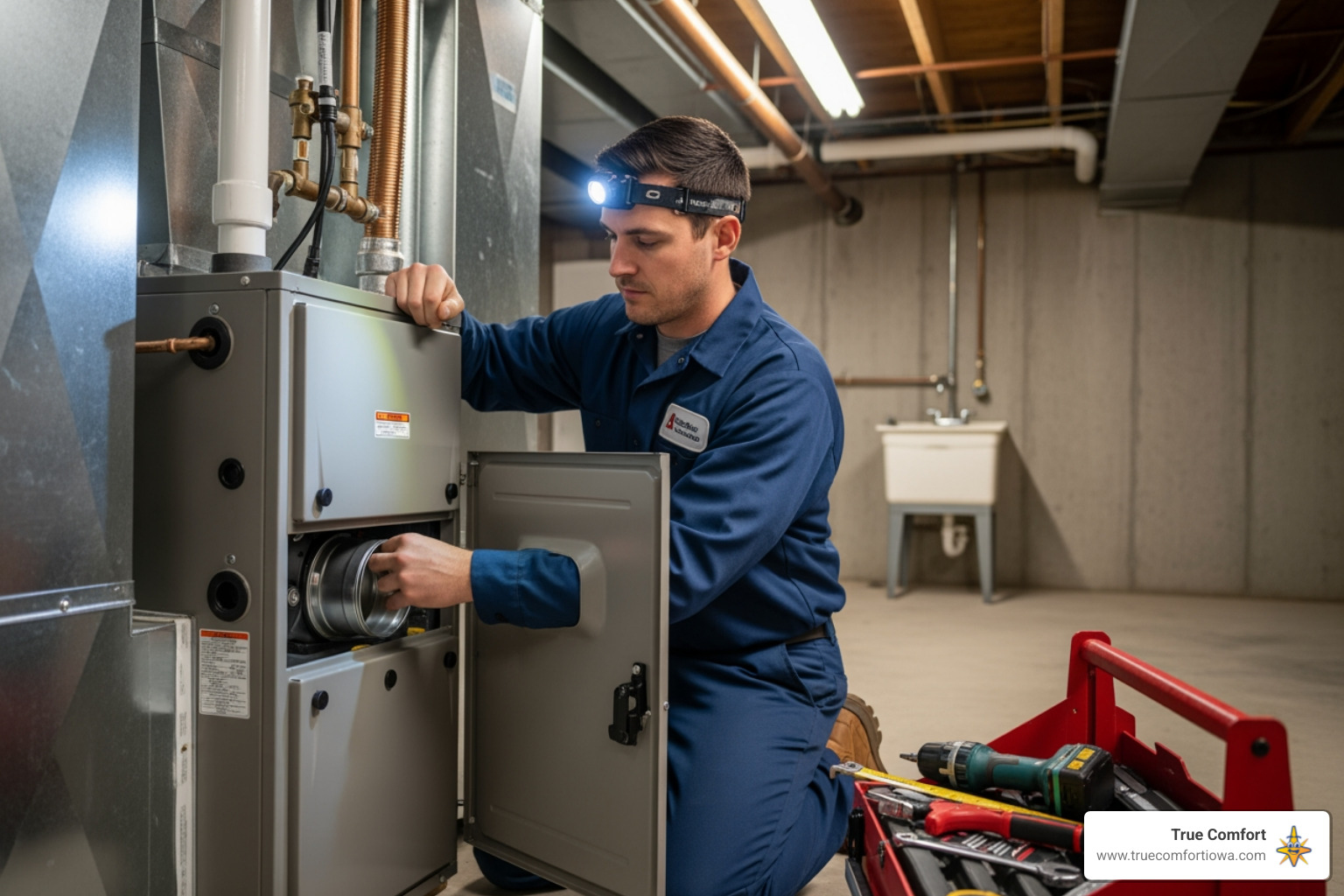 Certified technician carefully installing a new furnace - furnace installation in pleasant hill, ia