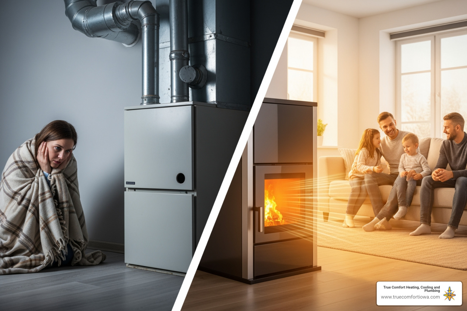 Infographic showing the furnace installation decision process: signs you need replacement including furnace age over 15 years, frequent repairs, rising energy bills, and uneven heating; key benefits of new installation including 15-20 year lifespan, up to 38% energy savings, one-day installation timeline, and improved home comfort with consistent temperatures - furnace installation in west des moines, ia