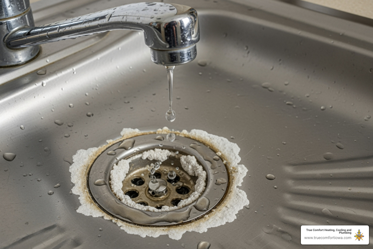 infographic showing annual water waste from a leaky faucet and signs you need professional help including persistent dripping, rust stains, squeaky handles, and water pooling under the sink - "Find a reliable plumber for a leaky faucet in Grimes, IA."