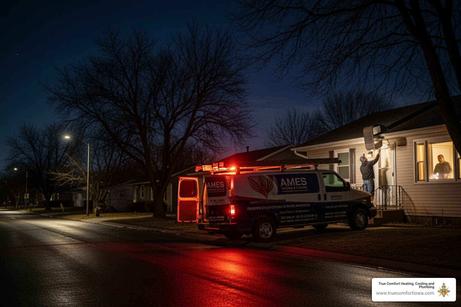 infographic showing 5 steps to take during heating emergency: 1. Assess safety and evacuate if gas smell present 2. Call 24/7 emergency heating service 3. Check thermostat settings and circuit breaker 4. Keep family warm with safe temporary measures 5. Clear access path to heating equipment for technician - 24 hour heating repair in ames, ia