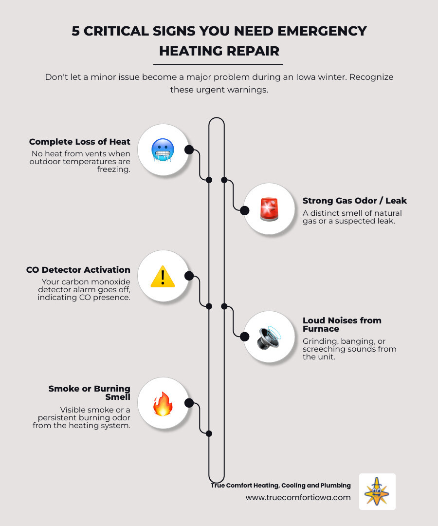 Infographic showing five critical signs you need emergency heating repair: complete loss of heat with freezing outdoor temperatures, strong gas odor or suspected leak, carbon monoxide detector activation, loud grinding or banging noises from furnace, and visible smoke or burning smell from heating system - 24 hour heating repair in grimes, ia infographic infographic-line-5-steps-elegant_beige