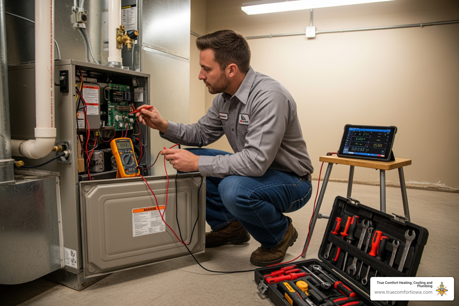 Infographic showing when to call for heating repair: emergency signs include no heat, gas odor, or CO detector alarm requiring immediate service; performance issues like weak airflow, cycling on and off, or rising energy bills needing diagnostic inspection; and preventative maintenance including annual fall tune-ups, filter changes every 1-3 months, and safety checks to extend equipment life - heating repair in clive, ia