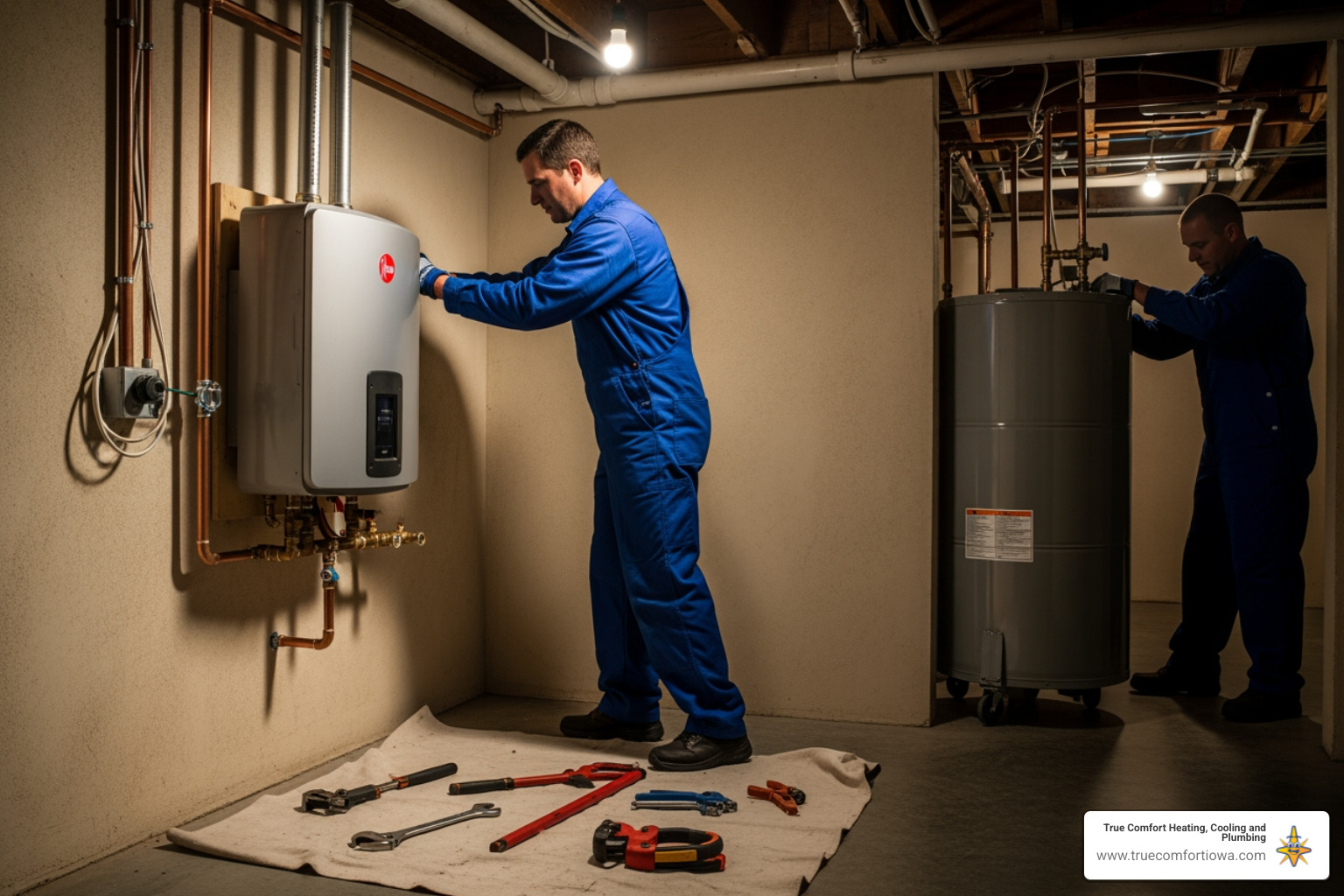 Infographic showing emergency tankless water heater installation process: 1. Call 24/7 emergency line, 2. Technician dispatched to Bondurant home, 3. On-site diagnosis and assessment, 4. Safe removal of failed unit, 5. Professional installation of new tankless system, 6. Testing and code compliance check, 7. Hot water restored - emergency tankless water heater installation in bondurant, ia