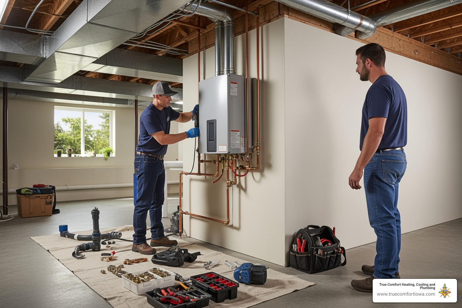 Infographic showing how a tankless water heater provides on-demand hot water: cold water enters the unit, flows past a heating element or gas burner, and exits as hot water instantly without storage - tankless water heater installation in altoona, ia