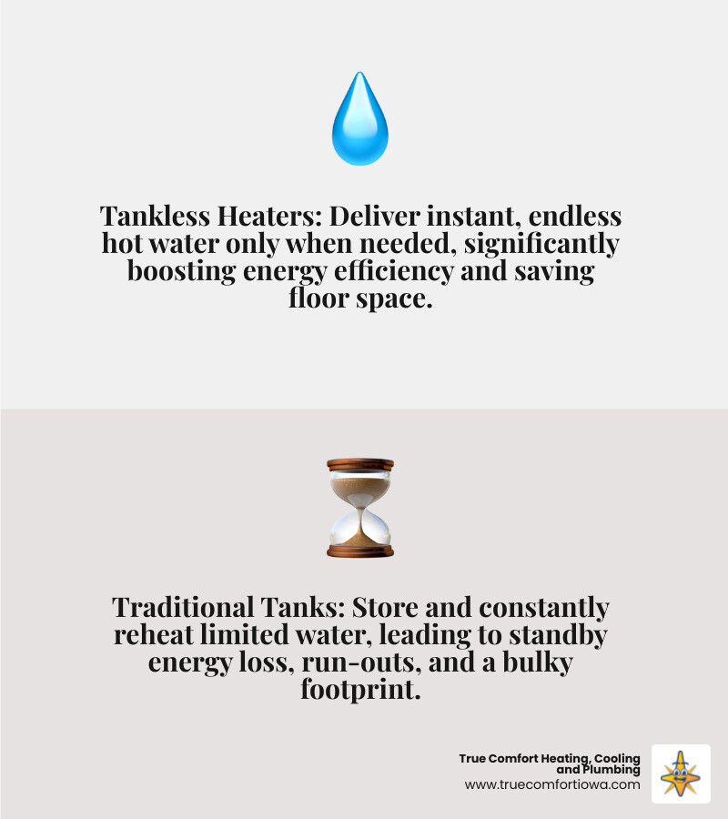 Infographic comparing traditional tank water heaters that store and constantly reheat 40-50 gallons of water with tankless water heaters that heat water instantly on-demand as it flows through the unit, showing energy savings, space efficiency, and unlimited hot water supply for Ankeny homes - tankless water heater installation in ankeny, ia infographic 2_facts_emoji_grey