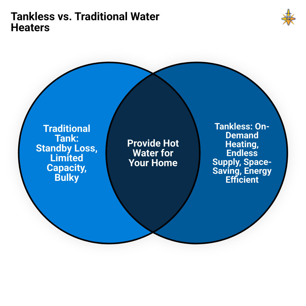 Infographic comparing traditional tank water heater with standby energy loss and limited capacity versus tankless water heater with on-demand heating, space-saving wall mount, and continuous hot water supply - tankless water heater installation in urbandale, ia infographic venn_diagram