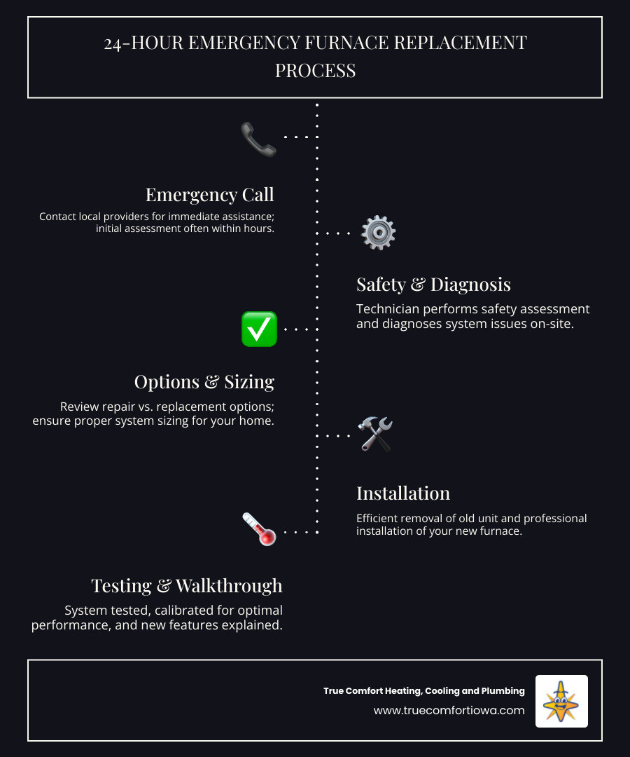 infographic showing the emergency furnace replacement process from initial call through safety assessment, system diagnosis, removal, installation, testing and final walkthrough, with typical timeframes for each step in a 24-hour emergency scenario - 24 hour furnace replacement in windsor heights, ia infographic infographic-line-5-steps-dark