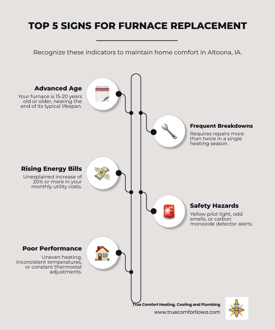 Infographic showing the top 5 signs your Altoona furnace needs replacement: furnace age over 15 years with frequent breakdowns, energy bills rising significantly compared to previous winters, strange noises like banging or screeching, yellow or flickering pilot light indicating combustion problems, and visible rust or cracks in the furnace cabinet - furnace replacement in altoona, ia infographic infographic-line-5-steps-elegant_beige Infographic showing the top 5 signs your Altoona furnace needs replacement: furnace age over 15 years with frequent breakdowns, energy bills rising significantly compared to previous winters, strange noises like banging or screeching, yellow or flickering pilot light indicating combustion problems, and visible rust or cracks in the furnace cabinet - furnace replacement in altoona, ia infographic infographic-line-5-steps-elegant_beige