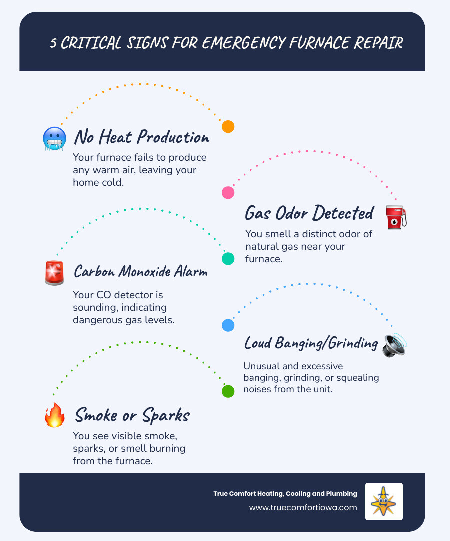 Infographic showing five critical signs requiring emergency furnace repair: no heat production, gas odor detected, carbon monoxide alarm sounding, loud banging or grinding noises, and visible smoke or sparks from unit - 24 hour furnace service in urbandale, ia infographic infographic-line-5-steps-blues-accent_colors Infographic showing five critical signs requiring emergency furnace repair: no heat production, gas odor detected, carbon monoxide alarm sounding, loud banging or grinding noises, and visible smoke or sparks from unit - 24 hour furnace service in urbandale, ia infographic infographic-line-5-steps-blues-accent_colors