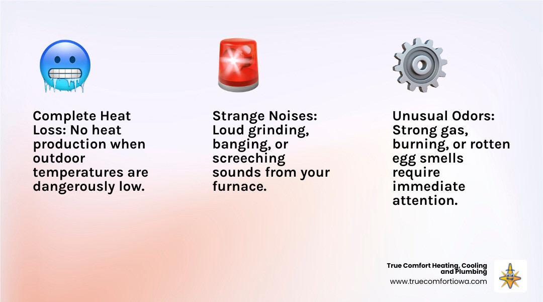 Infographic showing three critical furnace emergency signs: no heat production with temperatures dropping below 60 degrees, strong gas or burning odors requiring immediate evacuation, and loud grinding or banging noises indicating mechanical failure - 24 hour furnace service in ames, ia infographic 3_facts_emoji_light-gradient Infographic showing three critical furnace emergency signs: no heat production with temperatures dropping below 60 degrees, strong gas or burning odors requiring immediate evacuation, and loud grinding or banging noises indicating mechanical failure - 24 hour furnace service in ames, ia infographic 3_facts_emoji_light-gradient