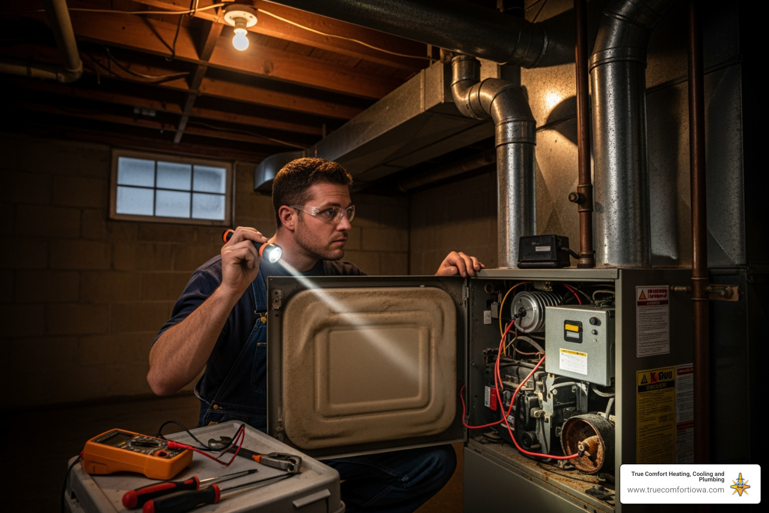 Infographic showing the top 5 furnace emergency warning signs: no heat with outdoor temperatures below freezing, gas or burning smell, carbon monoxide detector alarm, loud banging or grinding noises, and yellow pilot light instead of blue - emergency furnace service in waukee, ia