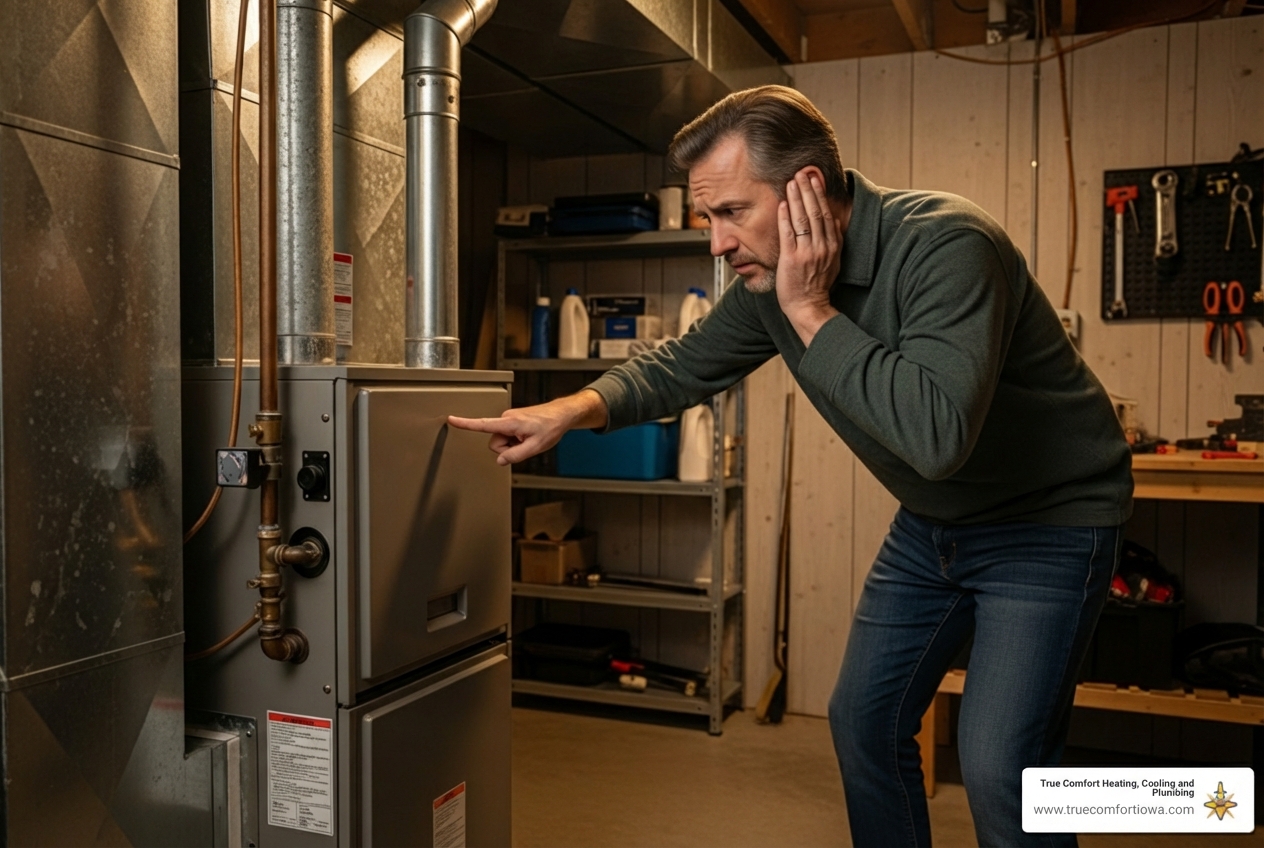 Infographic showing the top 5 warning signs a furnace needs service: unusual noises like banging or squealing, rising utility bills despite normal usage, rooms heating unevenly throughout the home, furnace cycling on and off frequently, and a yellow or flickering pilot light instead of steady blue - furnace service in windsor heights, ia