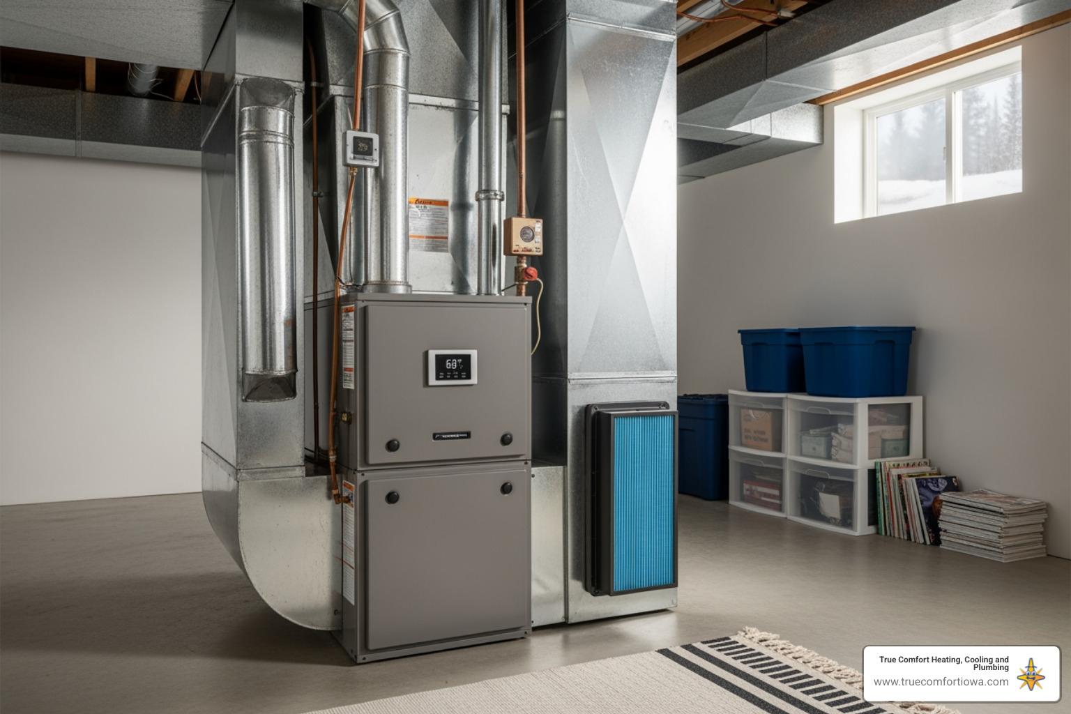 A modern home furnace in a basement during winter - emergency heating repair in des moines, ia
