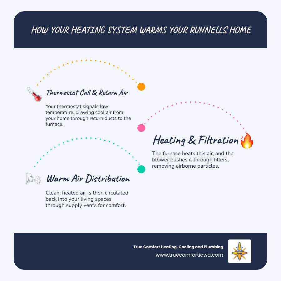 Infographic showing how a residential heating system distributes warm air through ductwork, with labels for furnace, blower, filter, thermostat, supply vents, and return air flow in a typical Iowa home - heating repair in runnells, ia infographic infographic-line-3-steps-blues-accent_colors