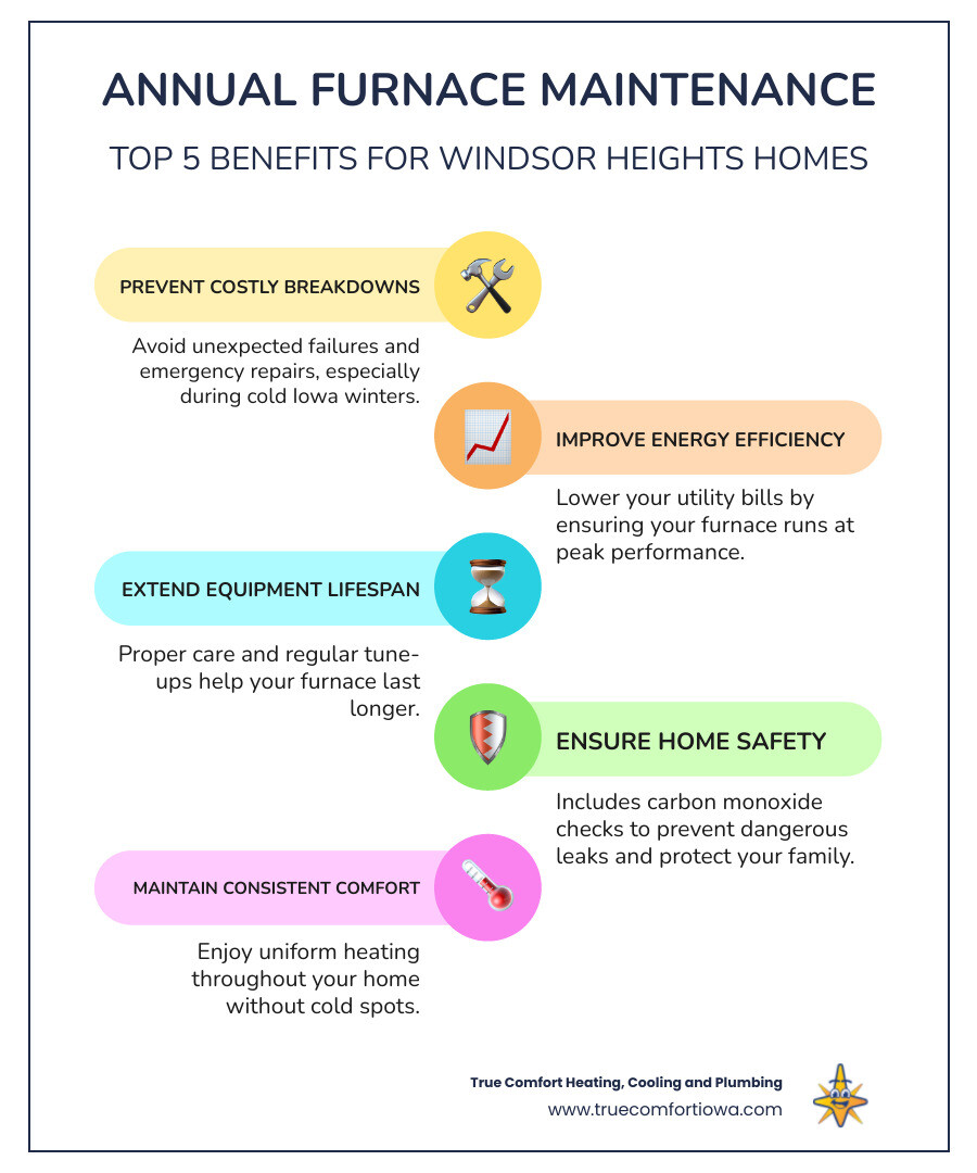Infographic showing the top 5 benefits of annual furnace maintenance: 1) Prevents costly breakdowns and emergency repairs, 2) Improves energy efficiency and lowers utility bills, 3) Extends equipment lifespan through proper care, 4) Ensures home safety with carbon monoxide checks, 5) Maintains consistent comfort throughout your home - furnace maintenance in windsor heights, ia infographic infographic-line-5-steps-colors