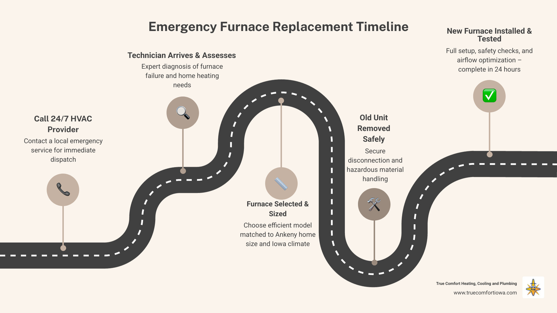 Infographic showing the timeline of an emergency furnace replacement in Ankeny IA: Step 1 - Call a 24/7 HVAC provider; Step 2 - Technician arrives and assesses the system; Step 3 - Furnace selected and sized for the home; Step 4 - Old unit removed safely; Step 5 - New furnace installed and tested; Step 6 - Safety checks and airflow confirmed; Total time: most completed within 24 hours - "I need an emergency furnace installation in Ankeny, IA. Who is available now?" infographic roadmap-5-steps Infographic showing the timeline of an emergency furnace replacement in Ankeny IA: Step 1 - Call a 24/7 HVAC provider; Step 2 - Technician arrives and assesses the system; Step 3 - Furnace selected and sized for the home; Step 4 - Old unit removed safely; Step 5 - New furnace installed and tested; Step 6 - Safety checks and airflow confirmed; Total time: most completed within 24 hours - "I need an emergency furnace installation in Ankeny, IA. Who is available now?" infographic roadmap-5-steps