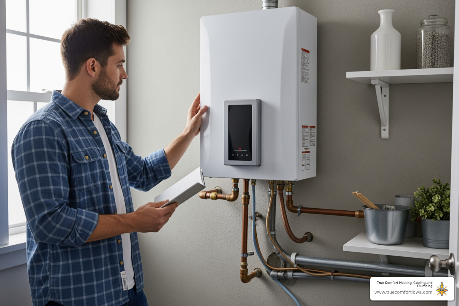 Infographic showing tankless water heater repair decision flowchart: Check unit age, assess repair frequency, evaluate efficiency loss, compare repair cost to replacement cost, and recommended action based on Des Moines water conditions - tankless water heater repair in des moines, ia infographic Infographic showing tankless water heater repair decision flowchart: Check unit age, assess repair frequency, evaluate efficiency loss, compare repair cost to replacement cost, and recommended action based on Des Moines water conditions - tankless water heater repair in des moines, ia infographic