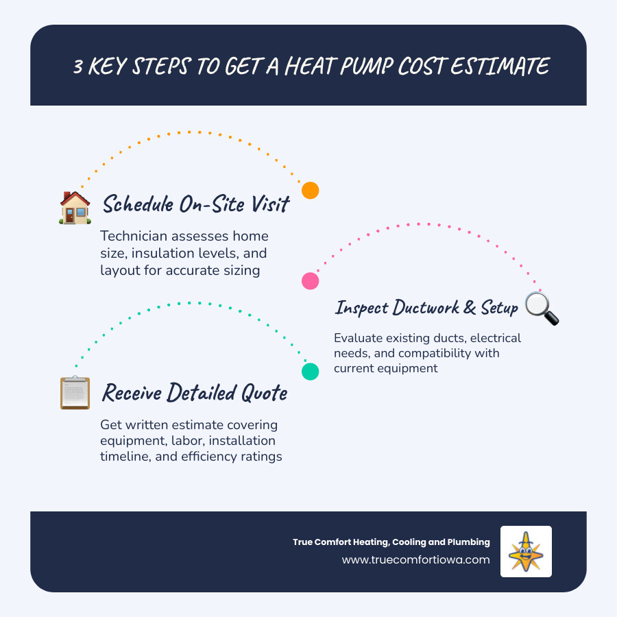 Infographic showing how to find and evaluate heat pump installation companies in Clive IA, including steps for getting an estimate, what credentials to look for such as NATE certification and EPA refrigerant handling, key factors that affect installation scope like home size and ductwork condition, and a note that heat pumps last 10 to 15 years with proper maintenance - "What companies in Clive, IA can estimate the cost of installing a heat pump for my home?" infographic infographic-line-3-steps-blues-accent_colors