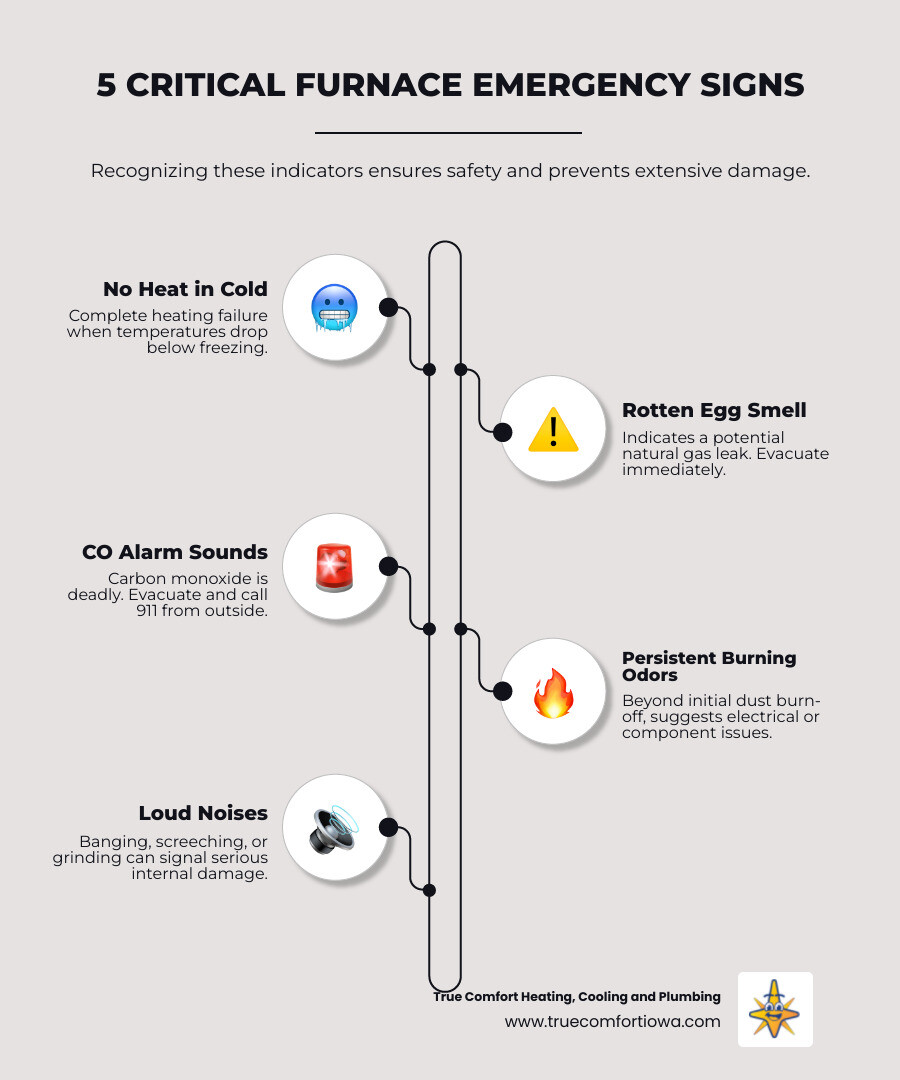Infographic showing the 5 critical signs of a furnace emergency: complete heating failure in freezing weather, rotten egg smell indicating gas leak, carbon monoxide detector alarm, persistent burning odors, and loud mechanical noises like banging or screeching, with icons for each emergency type and immediate action steps - emergency furnace service in norwalk, ia infographic infographic-line-5-steps-elegant_beige