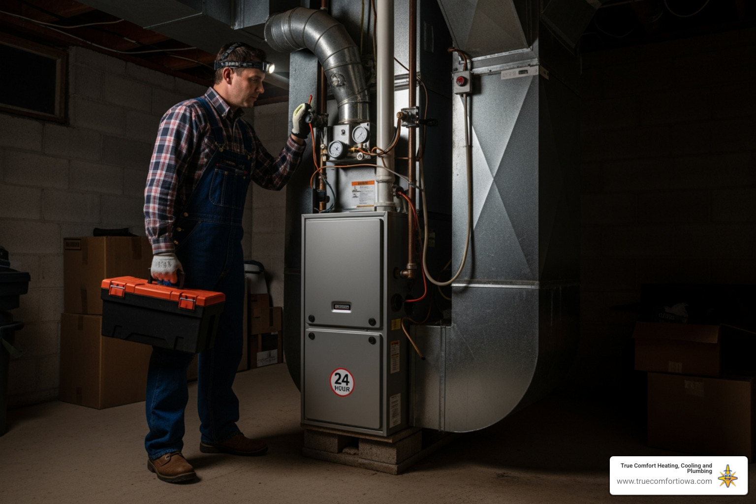 infographic showing the five critical signs of a furnace emergency: complete heat loss in freezing weather, rotten egg gas smell, carbon monoxide alarm activation, loud mechanical noises, and yellow pilot light flame - 24 hour furnace service in ankeny, ia