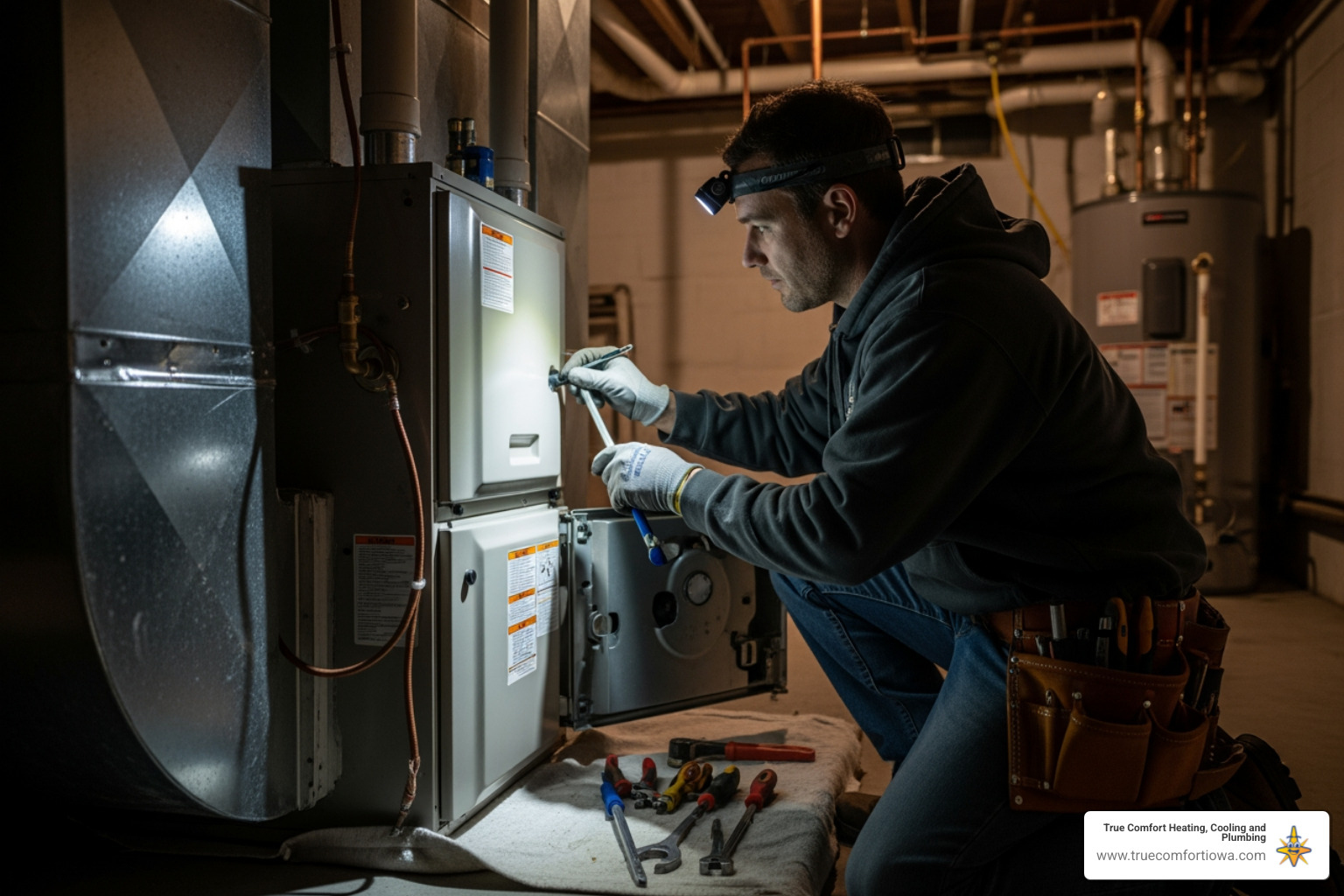 Infographic showing 5 critical furnace emergency signs: complete heating loss, gas or burning smell, loud banging or grinding noises, yellow or flickering pilot light, and water pooling around unit, with icons and safety warnings for each - 24 hour furnace repair in ames, ia