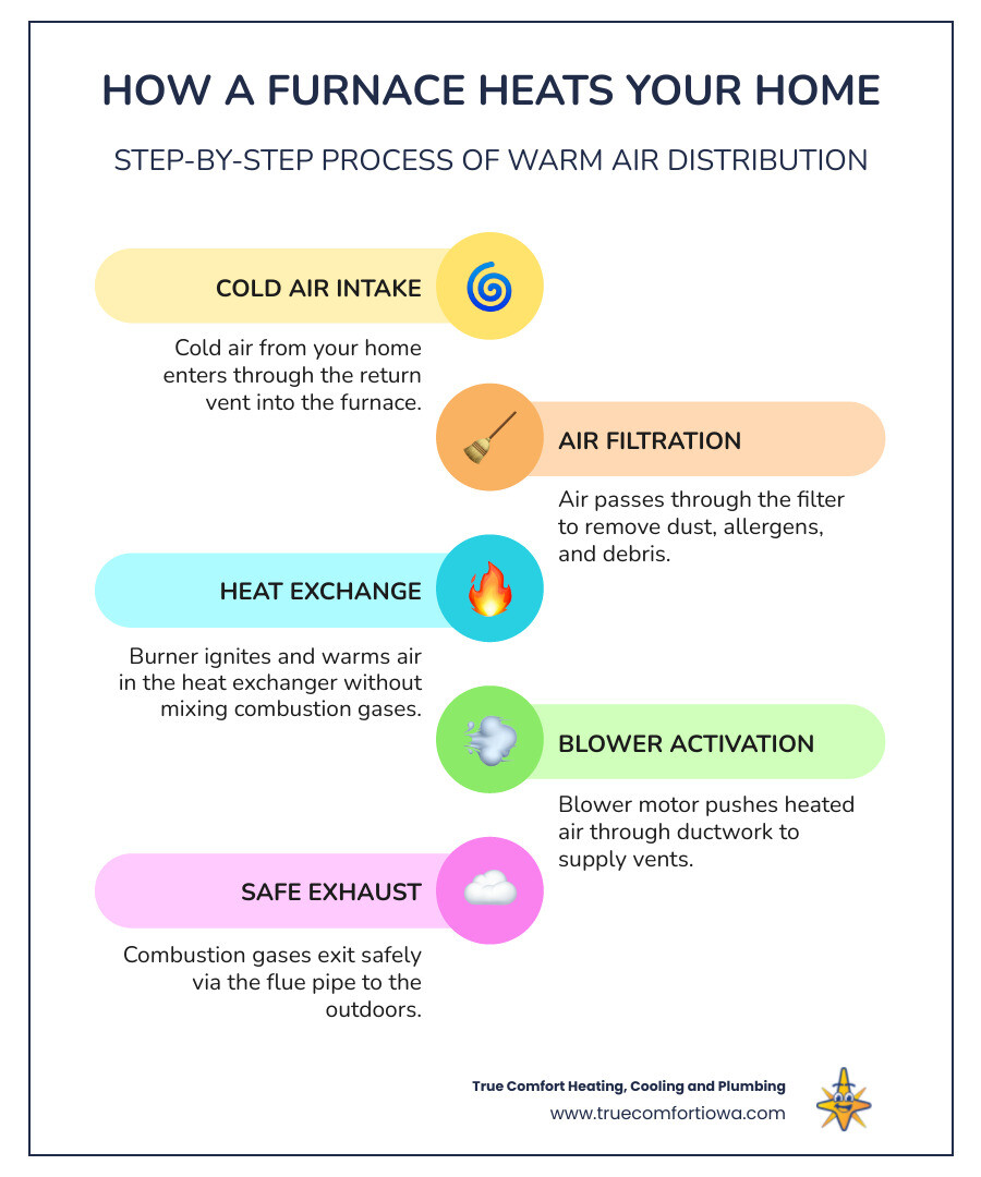 Infographic showing how a furnace heats a home: cold air enters the return vent, passes through the air filter, reaches the heat exchanger where it is warmed by the burner, then the blower motor pushes the warm air through the ductwork and out of the supply vents into each room, while combustion gases exit safely through the flue; includes a checklist of signs your furnace needs repair such as unusual noises, inconsistent heat, rising energy bills, and a yellow pilot light - best furnace repair in ankeny, ia infographic infographic-line-5-steps-colors Infographic showing how a furnace heats a home: cold air enters the return vent, passes through the air filter, reaches the heat exchanger where it is warmed by the burner, then the blower motor pushes the warm air through the ductwork and out of the supply vents into each room, while combustion gases exit safely through the flue; includes a checklist of signs your furnace needs repair such as unusual noises, inconsistent heat, rising energy bills, and a yellow pilot light - best furnace repair in ankeny, ia infographic infographic-line-5-steps-colors