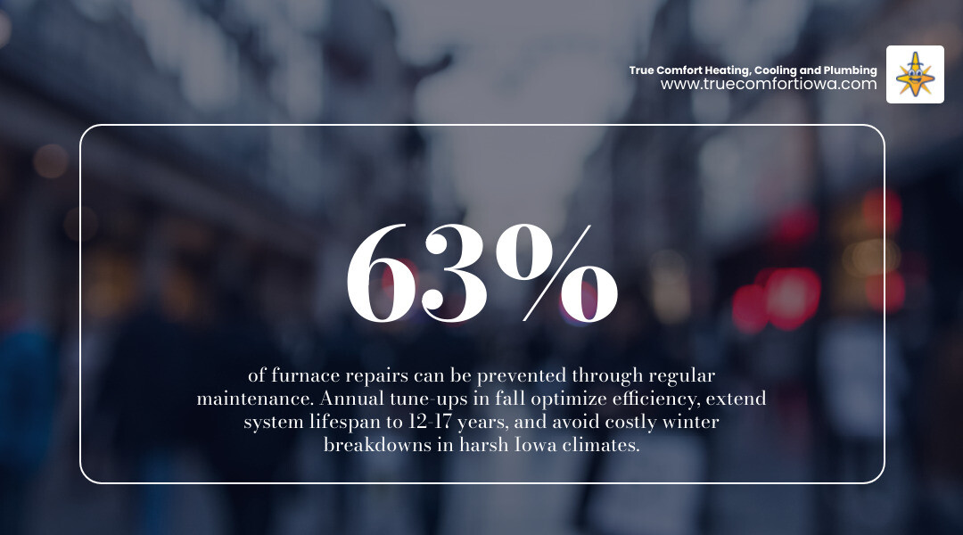 Infographic showing 63% of furnace repairs prevented by maintenance, annual tune-up steps, and savings tips for Ankeny IA
