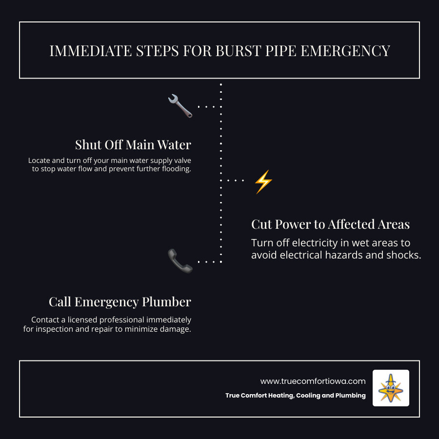 Infographic showing immediate steps for burst pipe repair in West Des Moines IA with warning signs and response checklist Infographic showing immediate steps for burst pipe repair in West Des Moines IA with warning signs and response checklist