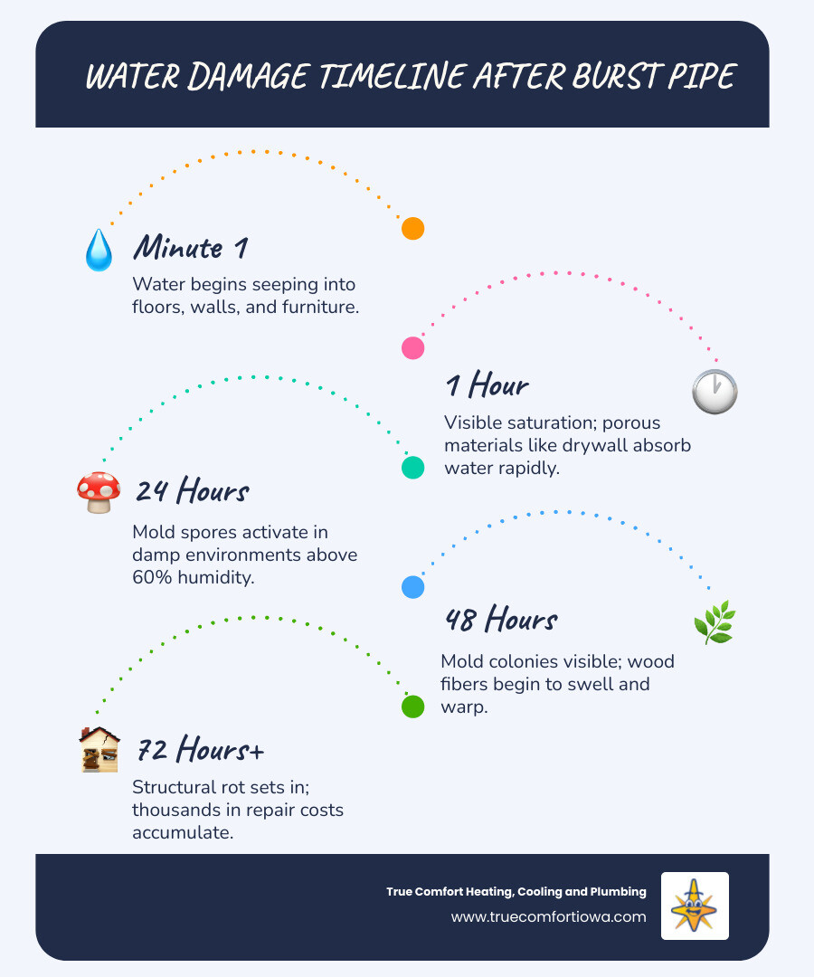 Infographic showing 24-hour mold growth timeline and water damage escalation after a burst pipe - emergency burst pipe