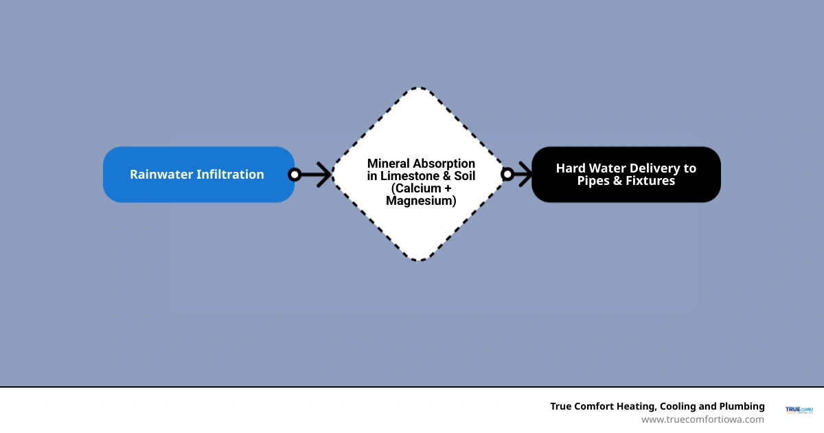 Infographic showing the journey of hard water from groundwater through pipes to household fixtures and effects - is hard