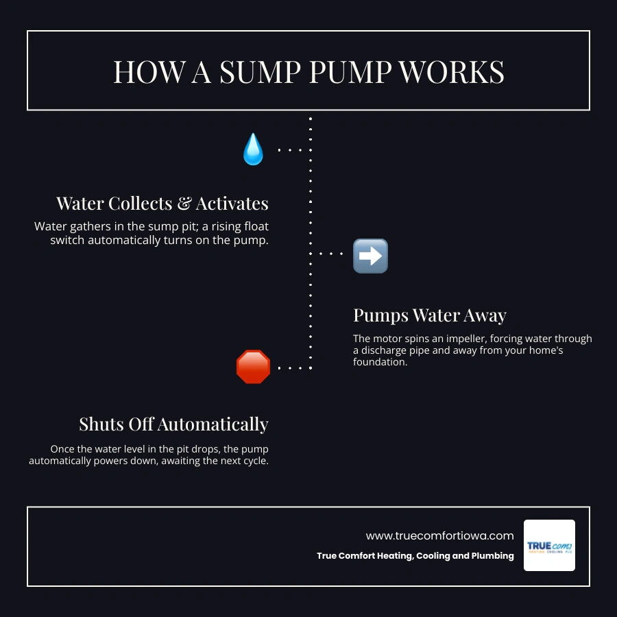 Infographic showing the 5-step sump pump cycle from water collection to discharge - what is a sump pump and how does it work Infographic showing the 5-step sump pump cycle from water collection to discharge - what is a sump pump and how does it work