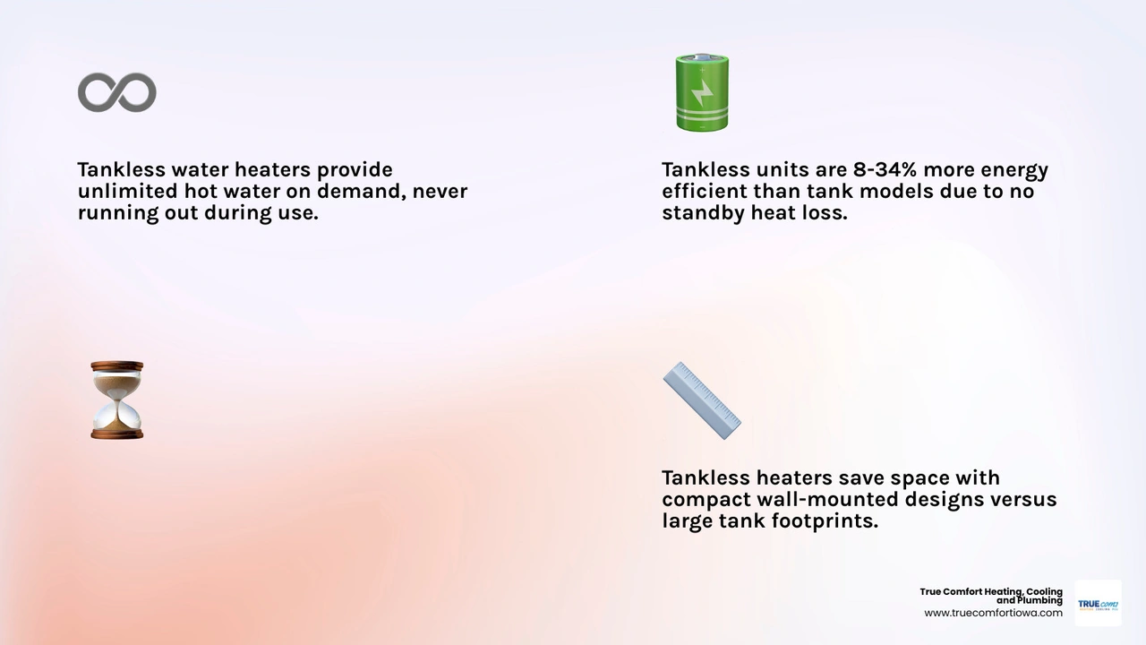 Infographic comparing tankless vs tank water heater: lifespan, efficiency, cost, space, and maintenance side by side Infographic comparing tankless vs tank water heater: lifespan, efficiency, cost, space, and maintenance side by side